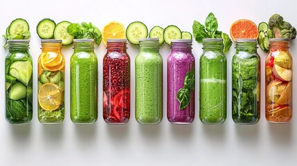 Refreshing Healthy Smoothies in Clear Jars with Fresh Fruits and Vegetables on a White Background