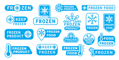 Cold frozen product labels, icons of ice crystal. Blue badges or stickers set with snowflakes, frost and thermometer symbols. Labels for packaging or product branding in cold storage or frozen goods