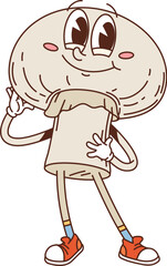 Cartoon groovy champignon vegetable character. Isolated vector cheerful mushroom personage happily smiling. Hippie fungus with expressive eyes wearing retro sneakers, with a happy and relaxed face