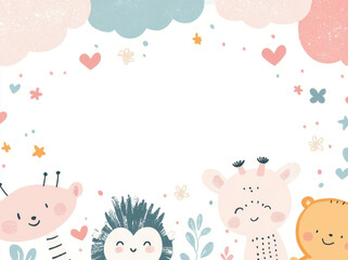 Cute cartoon animals with hearts and flowers in playful design