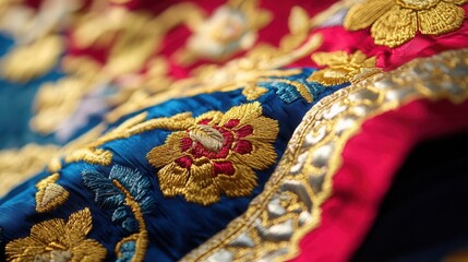 Thai embroidered textile with intricate cultural patterns, vibrant colors, celebrating traditional craftsmanship and heritage.