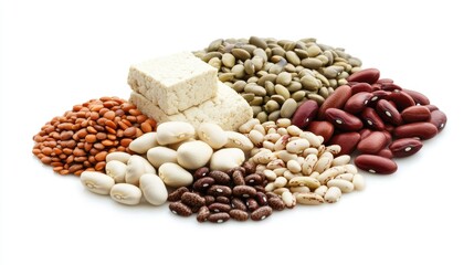 Naklejka premium Assorted Varieties of Healthy Beans and Tofu on White Background