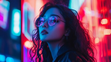 Fototapeta premium Mysterious woman with curly hair in neon-lit urban setting