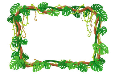 Tropical forest liana frame with green monstera leaves and vines. Cartoon vector border with intertwined tree branches and roots. Empty background with rainforest plants foliage. Photo frame template