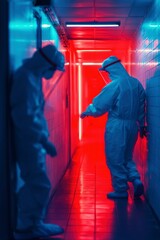 Obraz premium Two Figures In Protective Suits Walk Neon Lit Corridor