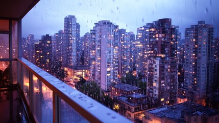 Rainy Cityscape Night View from a Balcony