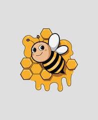 Obraz premium Cartoon Bee with Honeycomb and Dripping Honey – Cute Vector Illustration for Kids and Beekeeping Designs