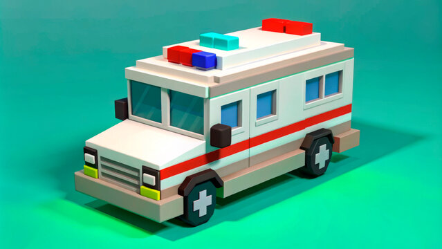 Pixel Art Style Ambulance Van On A Green Background, 3D Rendered, Suitable For Emergency Services, Healthcare, Medical Supplies, Healthcare Advertising, Social Awareness, Copy Space.