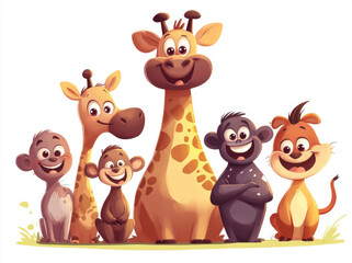Obraz premium group of cartoon animals including giraffes, monkeys, and lions, all smiling joyfully together. This vibrant illustration captures playful and friendly atmosphere