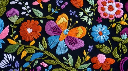 Mexican Folk Art Embroidery, vibrant patterns and intricate details reflecting cultural heritage and traditional craftsmanship