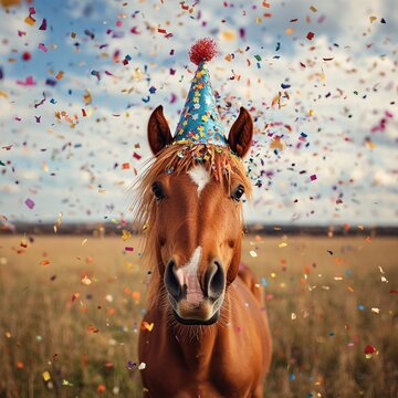 Festive brown horse wearing party hat with confetti falling against a cloudy sky backdrop