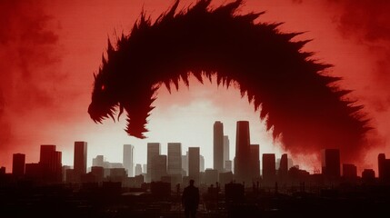 Fototapeta premium A monstrous silhouette looms over a city skyline, casting a dark shadow. A lone figure observes the ominous scene.