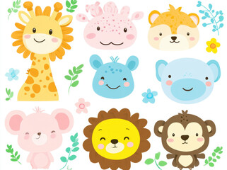 Cute cartoon animals including giraffe, lion, bear, and monkey, surrounded by flowers and leaves, perfect for children decor or educational materials