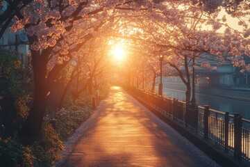 Naklejka premium Sunrise path, cherry blossoms, canal, Japan
