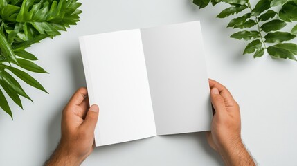 Male hands holding open blank book with green leaves around