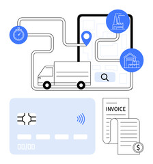 Delivery truck on map with route, stopwatch, GPS icon, digital payment card, invoices, and facility icons. Ideal for logistics, supply chain, tracking payment systems business planning