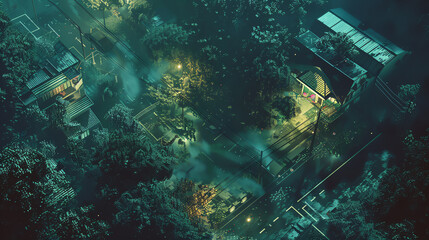 Transport viewers into a world of eerie thrills with a digital rendering of a suspenseful aerial view Employ pixel art to create a unique perspective that combines horror elements with unexpected angl