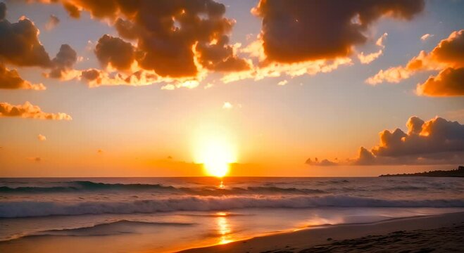 Overhead footage of a dramatic sunset over the ocean, the golden hues reflecting on the waves as they wash onto the sandy beach, with the camera slowly pulling back for a wider view