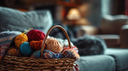 Obraz premium A basket with a variety of colorful yarns, resting on a cozy sofa, with soft lighting creating subtle shadows and emphasizing the texture of the materials.