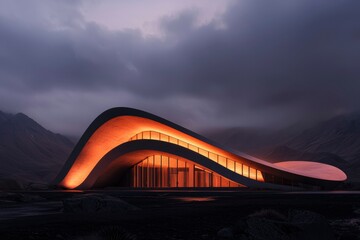 Obraz premium Modern Curvilinear House Illuminated Against Mountain Landscape