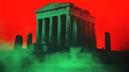 Obraz premium Ancient temple ruins shrouded in an eerie green mist against a vibrant red sky. A mysterious and atmospheric scene.