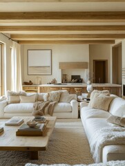 Fototapeta premium Modern Beige Living Room With Wooden Beams and Comfortable Couches