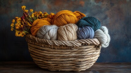 Rustic Knitting Basket Filled with Warm Toned Yarn, inviting textures and colors, perfect for cozy crafting moments and creative inspiration