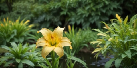 Fototapeta premium A single pale yellow daylily flower in full bloom, elegantly positioned amidst a lush backdrop of verdant foliage and a tranquil water feature.