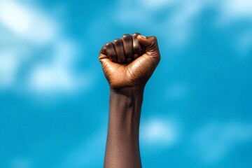 A powerful image of a raised fist against a vibrant blue sky, symbolizing strength and unity, ideal for Black History Month, social justice campaigns, and empowerment themes.