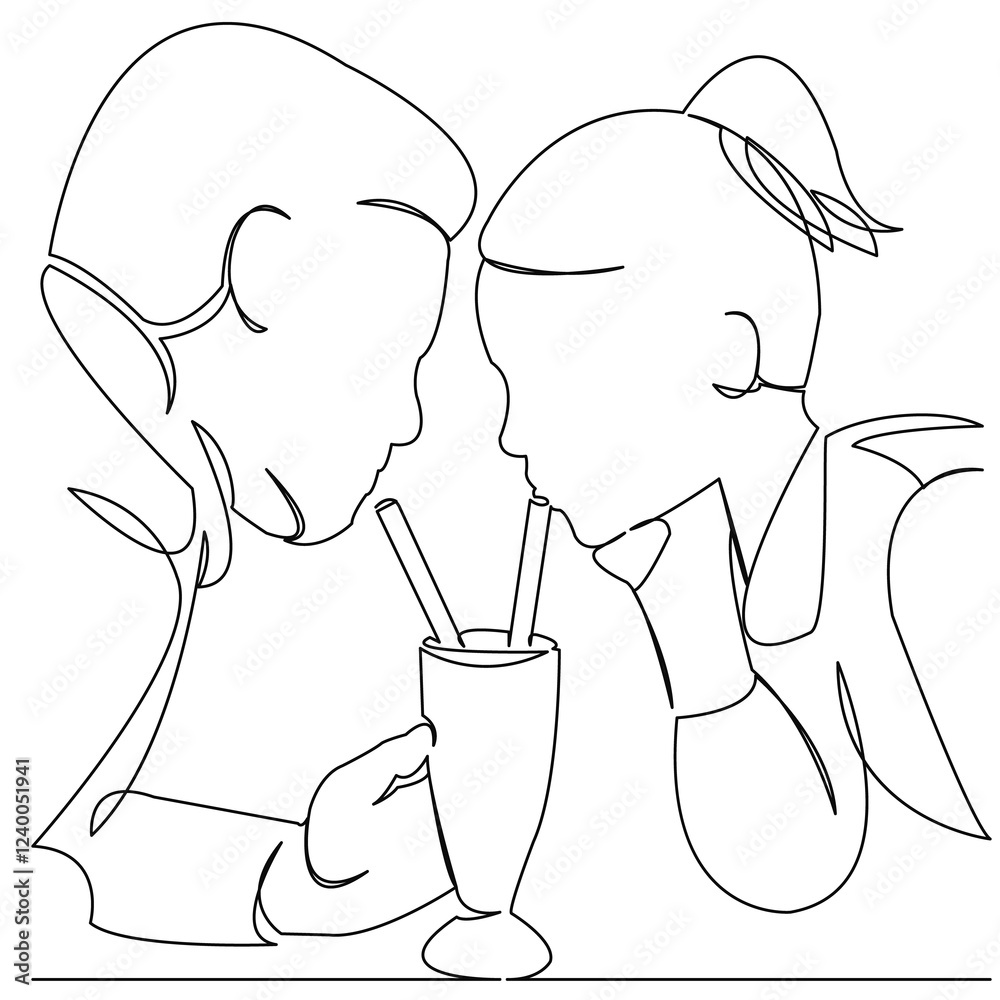 Wall mural One continuous single drawing line art flat doodle love, couple, young, beautiful, adult, cocktail, drink, happiness. Isolated image hand draw contour on a white background
