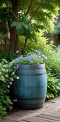 Obraz premium Serene Garden Scene Featuring a Teal Wooden Barrel Planter Overflowing with Delicate Blue and Pink Flowers Nestled Amidst Lush Greenery