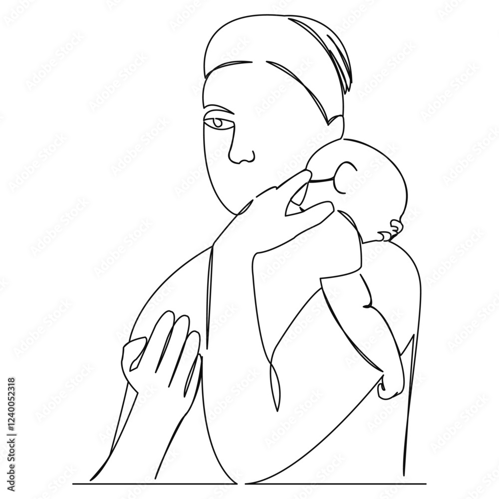 Wall mural One continuous single drawing line art flat doodle mother, child, baby, family, parent, newborn. Isolated image hand draw contour on a white background
