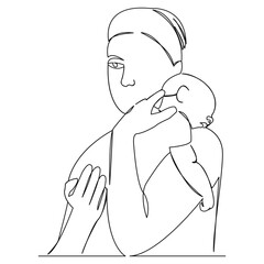One continuous single drawing line art flat doodle mother, child, baby, family, parent, newborn. Isolated image hand draw contour on a white background
