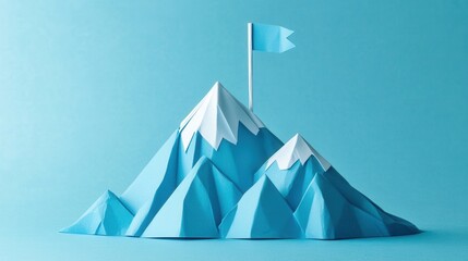 Mountain summit with flag, representing business success and achievement, paper texture, inspiring and motivational visual concept