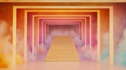 Fototapeta premium A mystical stairway ascends towards a radiant, colorful hallway. Soft, pastel hues and ethereal fog create an otherworldly atmosphere.