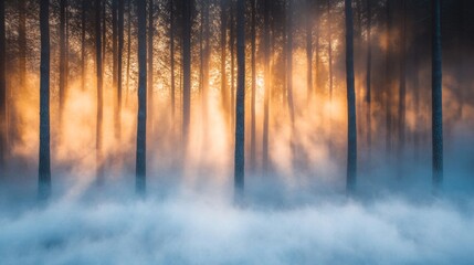 Misty Pine Forest at Sunset