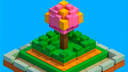 Fototapeta premium Pixel Art Style Pink Flower Made Of Blocks On A Blue Background, 3D Rendered, Suitable For Nature, Gardening, Digital Art, Floral Design, Eco-Friendly Concepts, Advertising, Copy Space.
