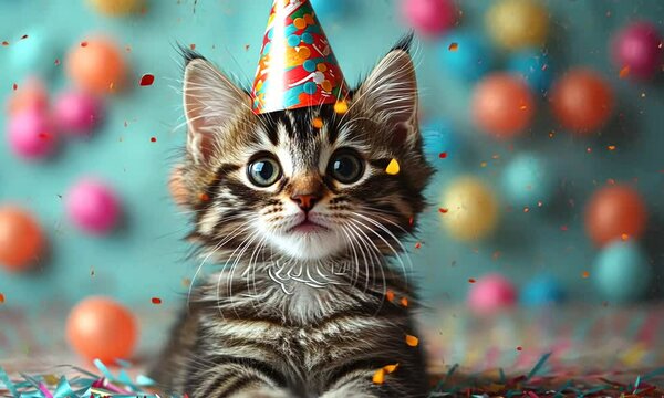 Playful kitten in a festive setting wearing a party hat, surrounded by colorful decorations and balloons