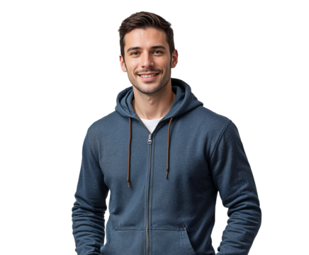 man portrait png casual young man in white t-shirt and zip hoodie studio photo