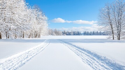 Fototapeta premium Snowy path through winter woods, sunny day. Ideal for winter travel brochures