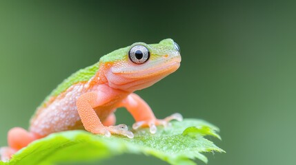 Naklejka premium Tiny green frog on leaf, rainforest background, nature photography, wildlife