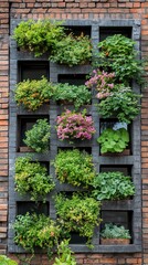 Vertical garden on a brick wall with various plants and flowers in window planters