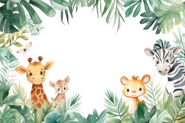 Obraz premium whimsical watercolor safari frame playful animals peeking from lush foliage soft pastel palette dreamy atmosphere