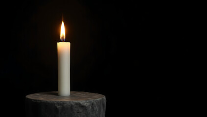 "A single burning candle with a soft flickering glow in a dark setting, symbolizing hope, solitude, and mindfulness."
