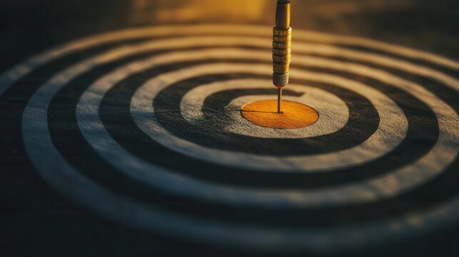 Business goal achievement, dart striking bullseye, symbolizing precision and success in strategic planning, focus on objectives, clear target alignment