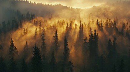 Obraz premium Misty Mountain Forest Sunrise
