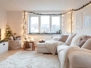 Fototapeta premium Cozy Winter Living Room Decorated For Christmas