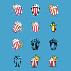 Popcorn Bucket Vector Icons Set Cinema Snack Illustrations