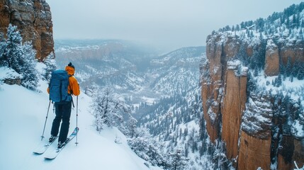 Skier on snowy mountain ridge overlooking valley.
