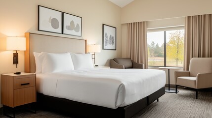 Luxurious hotel room highlighting king size bed, neutral decor, minimalist artwork, soft armchairs positioned near expansive window revealing autumn landscape with peaceful lake view